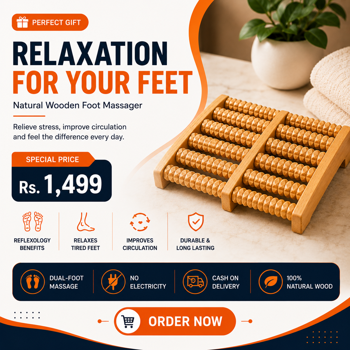 Foot Massager Wooden Roller For Relaxation Stress Relief And Improved Blood Circulation Durable Natural Wood Design